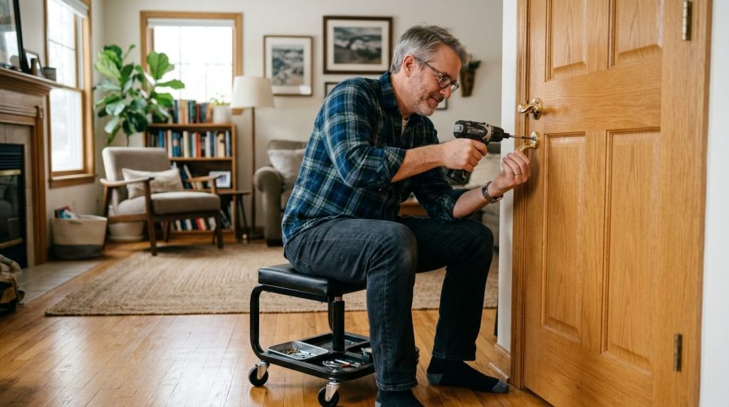 Realistic, lifestyle photography. An ordinary middle-aged homeowner sitting comfortably on a low rolling mechanic's stool in a living room, using a cordless screwdriver to install a new door lever. Natural daylight, real home setting, no fabricated brand names.