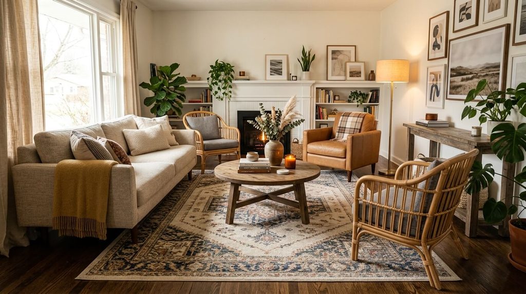 Conclusion image: Realistic lifestyle photograph of a finished, well-styled American living room featuring an affordable area rug as the visual anchor, warm and inviting light, no people, no logos.