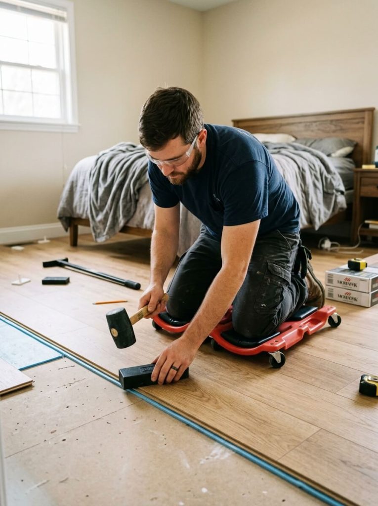 Floating Floor Installation: Realistic, lifestyle photography. A person wearing rolling knee creepers on a partially finished laminate floor in a U.S. bedroom. They are using a tapping block and mallet on the flooring edge. Focus on the ergonomic tools.