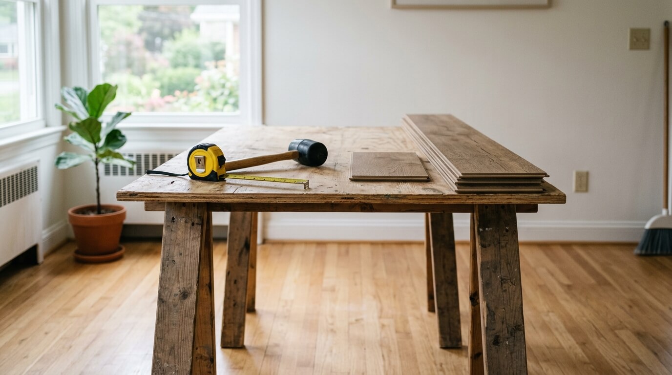Realistic, lifestyle photography. A bright, standard U.S. home interior showing a waist-high workbench made of sawhorses and plywood. On the bench sits a tape measure, a mallet, and a few planks of laminate flooring. Soft, natural lighting. No people, no visible brand logos.